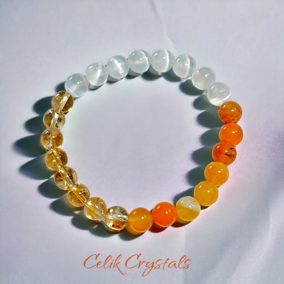 Citrine, Selenite and Orange Agate Bracelet Natural Stones 8mm Stretches Unisex - Picture 3 of 6